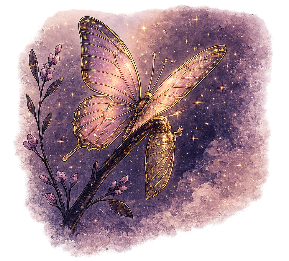 Sparkling purple butterfly on branch with chrysalis