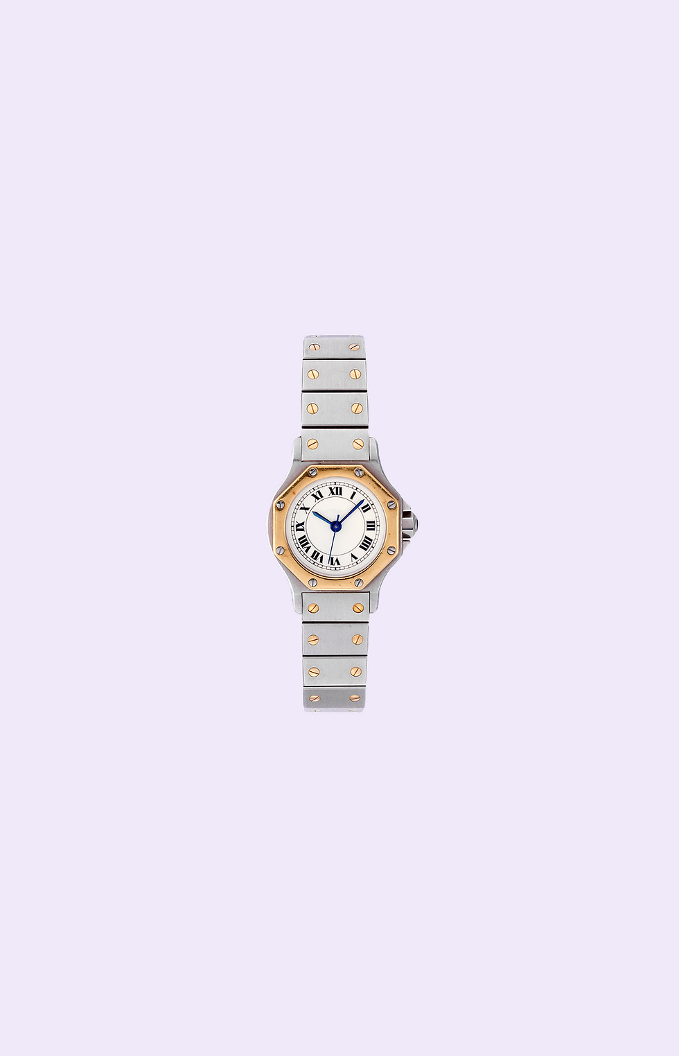 Two-tone watch with white dial and blue Roman numerals