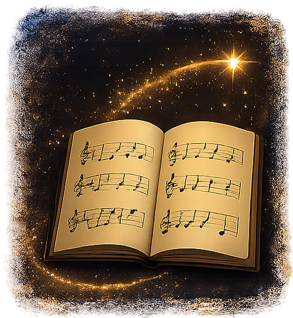 Open music book with sparkling trail