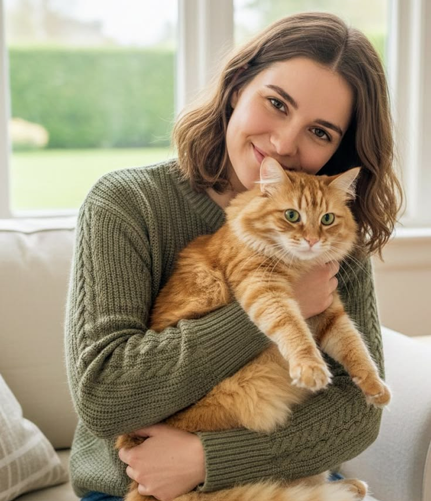 Smiling woman holding an orange tabby cat