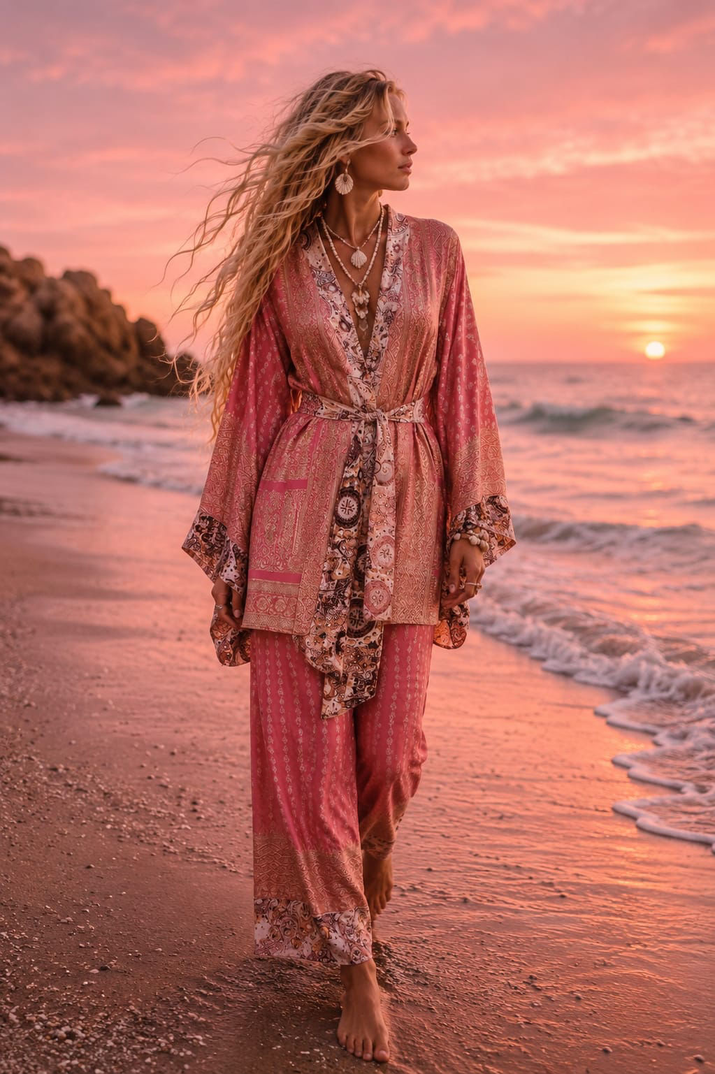 Blush Soleil Silk Sari Kimono Set