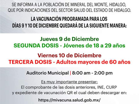 Mineral del Monte anuncia aplicación de tercera dosis para adultos mayores