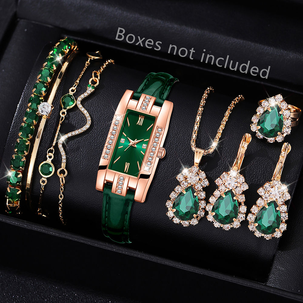 9 Pieces Green Watch for Women Set Fashionable Rectangular Dial Watch Quartz Bra