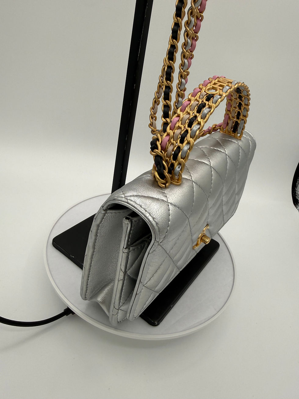 Thumbnail: Chanel Rainbow Woven Top Handle Wallet on Chain in metallic silver