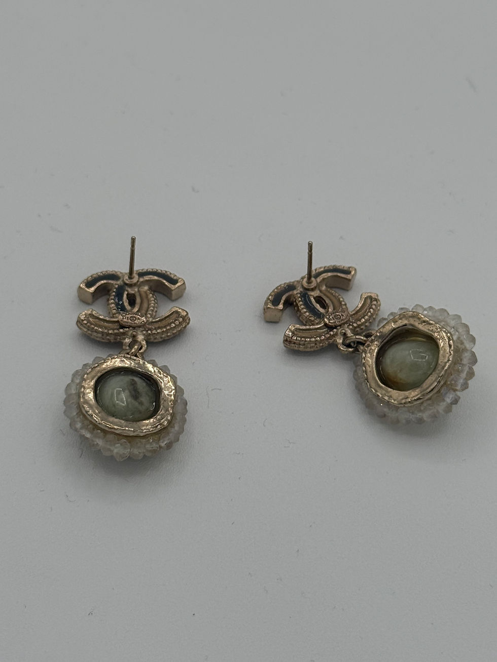 Thumbnail: Preowned Chanel Sage Stone Dangle Earrings 