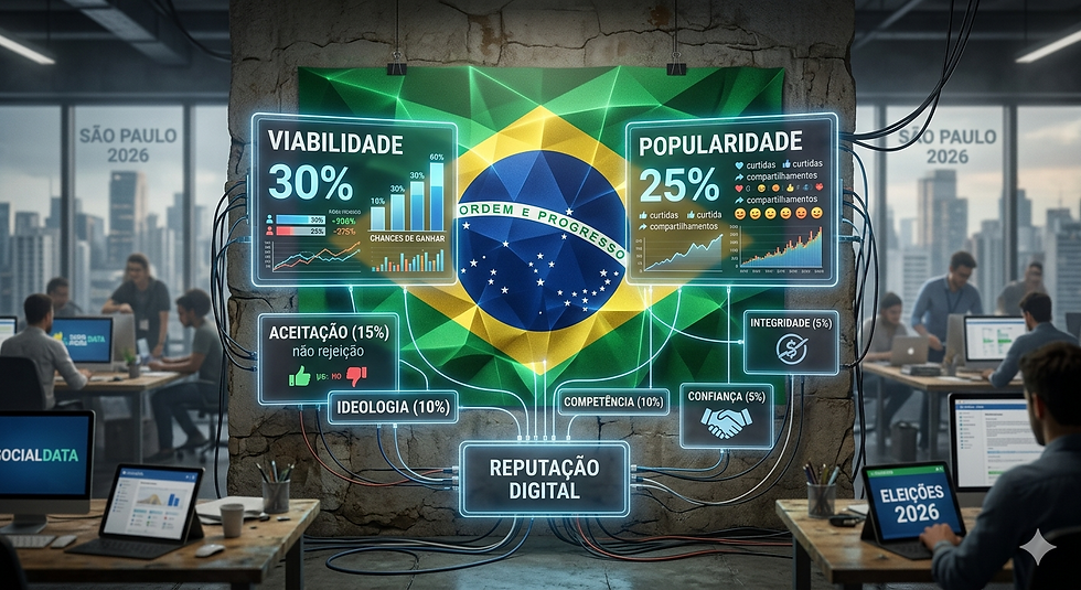 Redação de um jornal com uma bandeira do Brasil ao centro e números indicando o peso das dimensões reputacionais