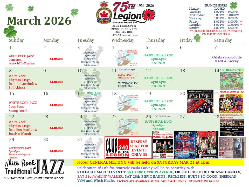 RCL 240 MARCH 2026 Calendar