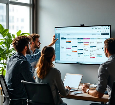 Coordinator guiding a small team while reviewing a shared project board on screen.