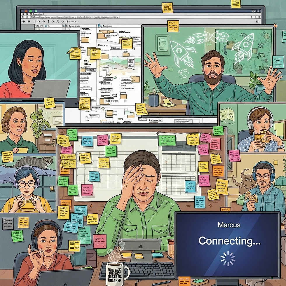 Illustration of a remote proposal team in a chaotic video meeting. Screens show stressed-out teammates surrounded by sticky notes, one person drawing rockets, another screensharing a cluttered folder, while a box at the bottom says ‘Marcus – Connecting…’ to show the missing SME.