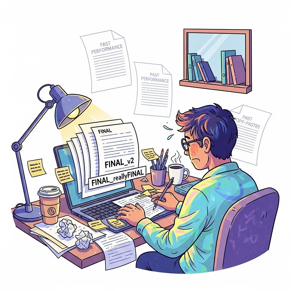 Illustration of a proposal writer sitting at a cluttered desk surrounded by documents labeled “FINAL,” “FINAL_v2,” and “FINAL_reallyFINAL,” working late on past performance revisions. Coffee cups, sticky notes, and papers fill the scene, symbolizing version chaos and last-minute proposal rewrites.