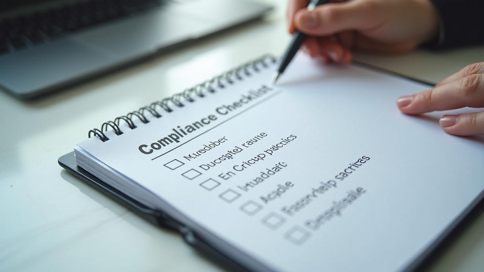 Close-up view of a notebook with a compliance checklist and a pen