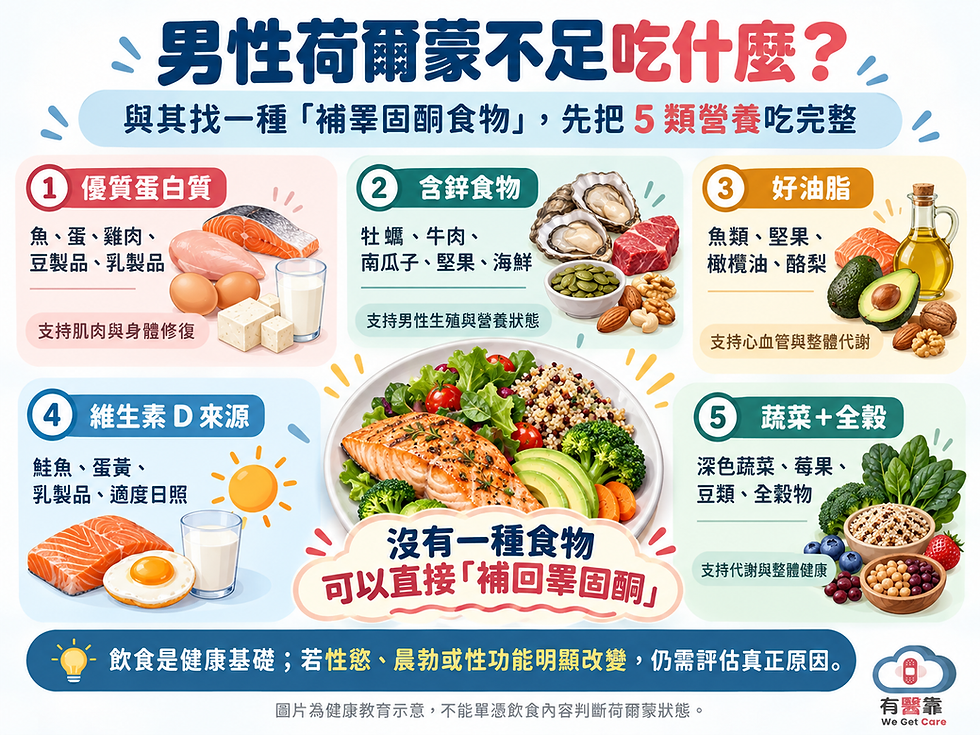男性荷爾蒙健康飲食中的蛋白質、含鋅食物、好油脂、維生素D與蔬菜全穀示意圖