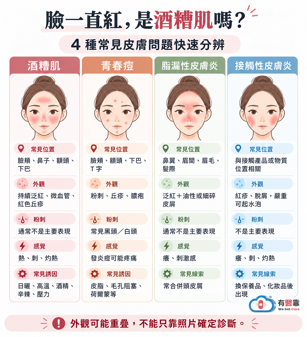 酒糟肌、青春痘、脂漏性皮膚炎與接觸性皮膚炎症狀差異比較
