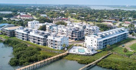 ariel view overlooking luxury waterfront condos