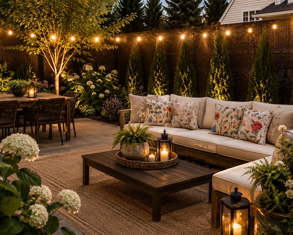 Cozy backyard patio with string lights, cream floral cushions, lanterns, and dining table at dusk