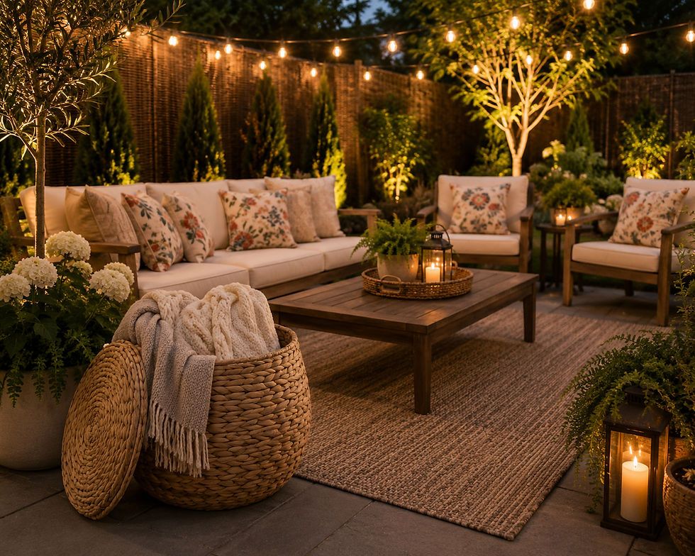 Cozy garden patio with cream sofas, floral pillows, lanterns, string lights, and a wicker basket blanket at dusk.