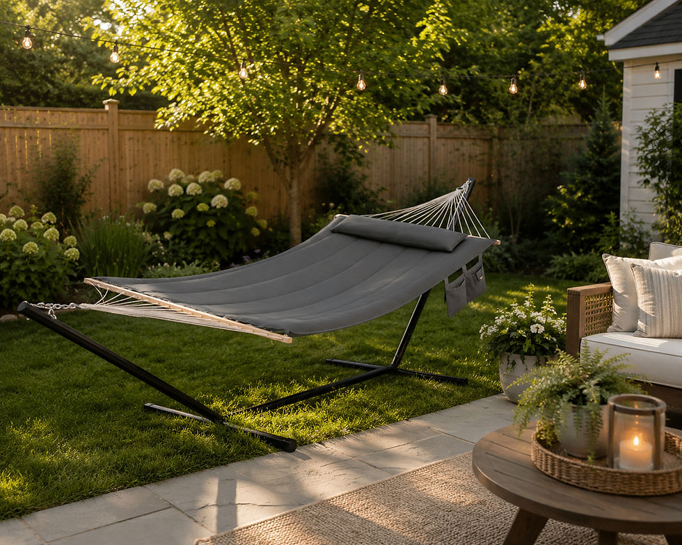 Gray hammock on a stand in a sunny backyard with string lights, patio seating, and lush plants, creating a calm, cozy mood.