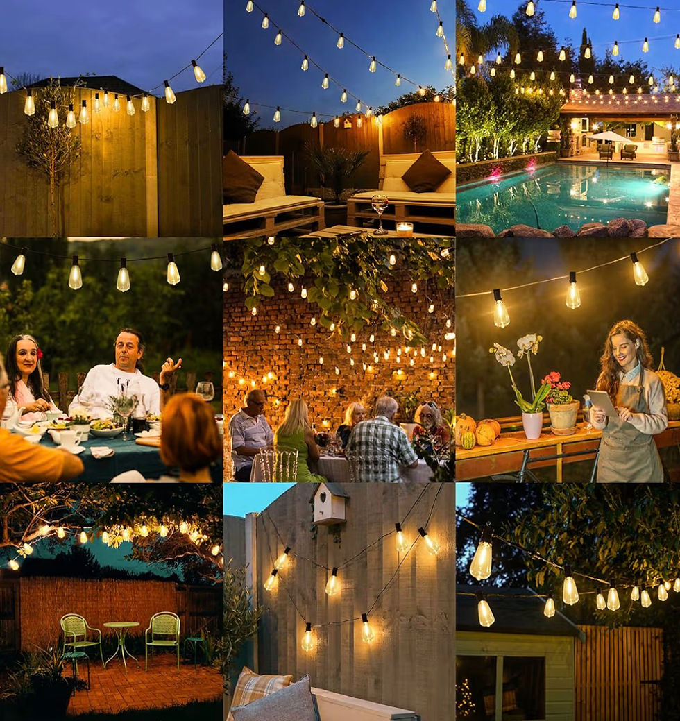 Outdoor backyard collage with warm string lights over patios, pool, and people dining and relaxing at dusk.