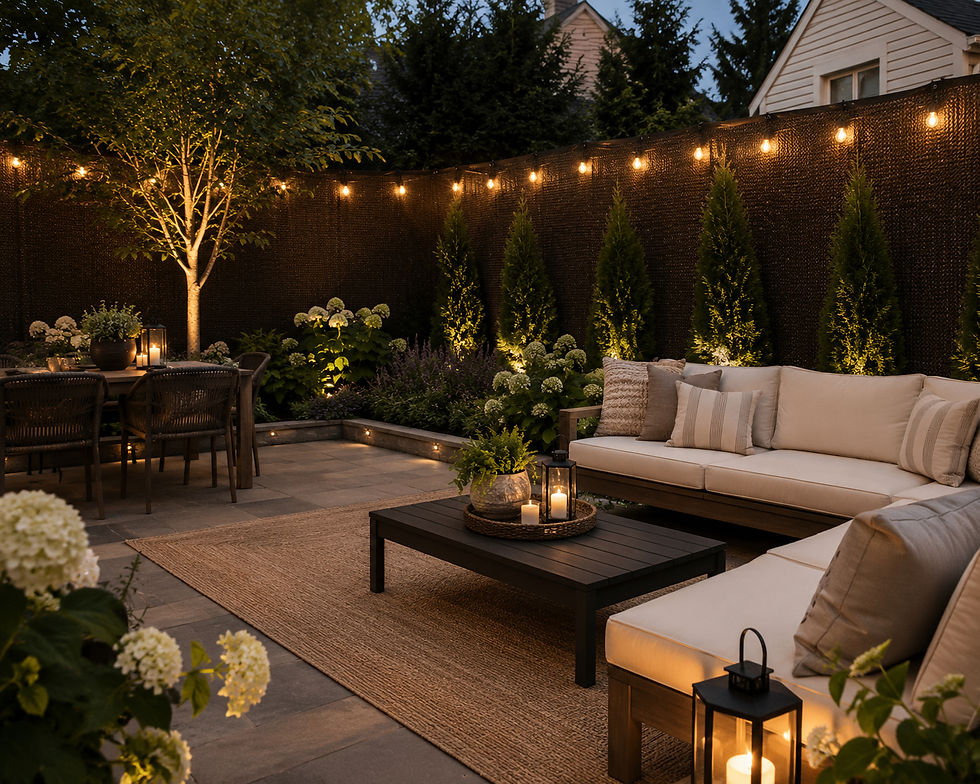 Cozy backyard patio at dusk with string lights, cushioned sofa, dining table, lanterns, and lush plants creating a warm mood