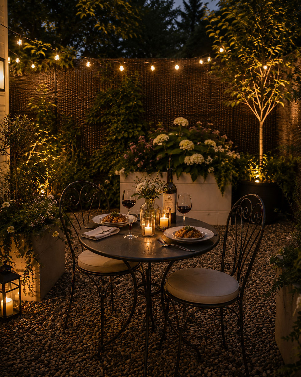 Candlelit outdoor dinner for two in a garden, with wine, plated food, string lights, and lush plants at dusk.