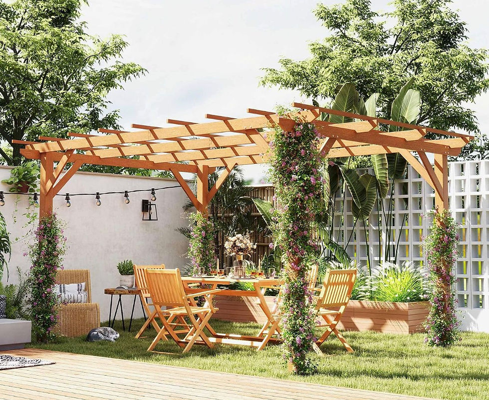 Sunny backyard patio with wooden pergola, flower-wrapped posts, string lights, and a dining table with chairs on green grass.