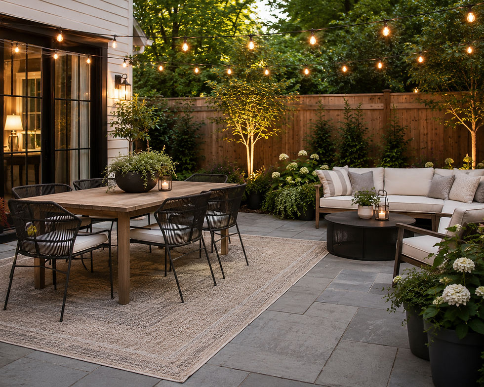 Cozy backyard patio at dusk with string lights, wood dining table, cream sofa, lanterns, potted plants, and warm glow.