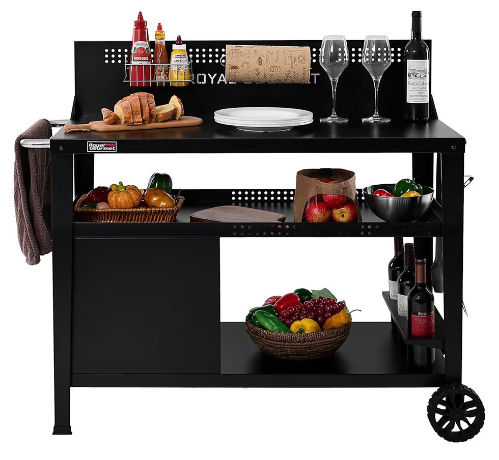 Black Royal Gourmet grill cart loaded with bread, plates, wine glasses, bottles, and baskets of fruit and vegetables.