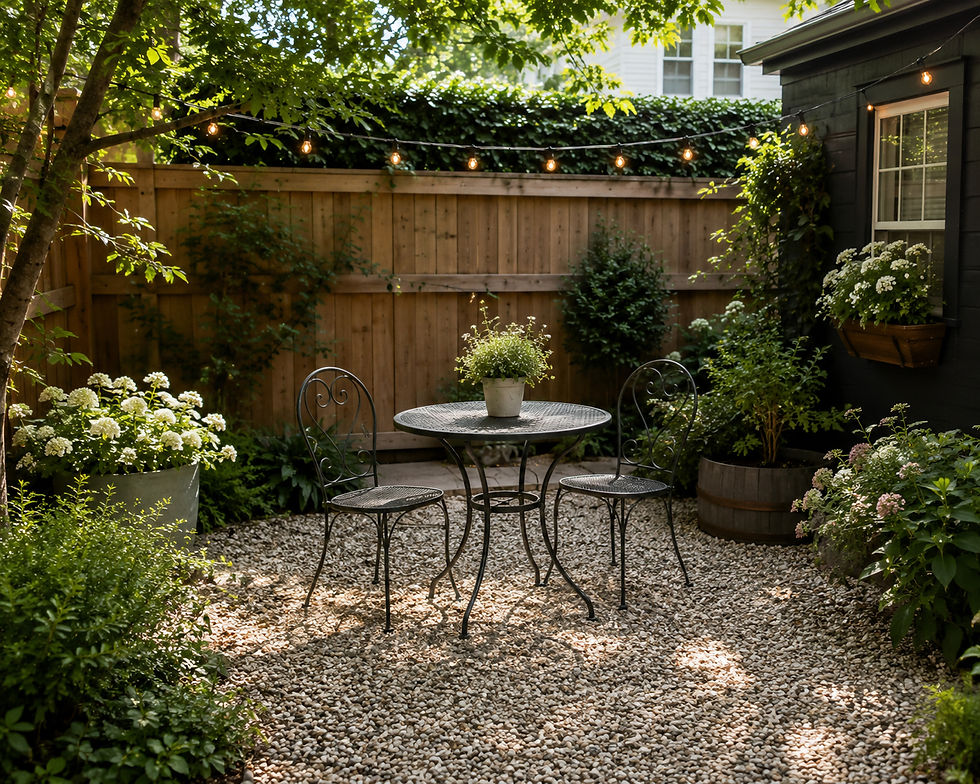 Cozy backyard patio with a metal table and two chairs, string lights, potted flowers, gravel ground, and wooden fence in soft sunlight