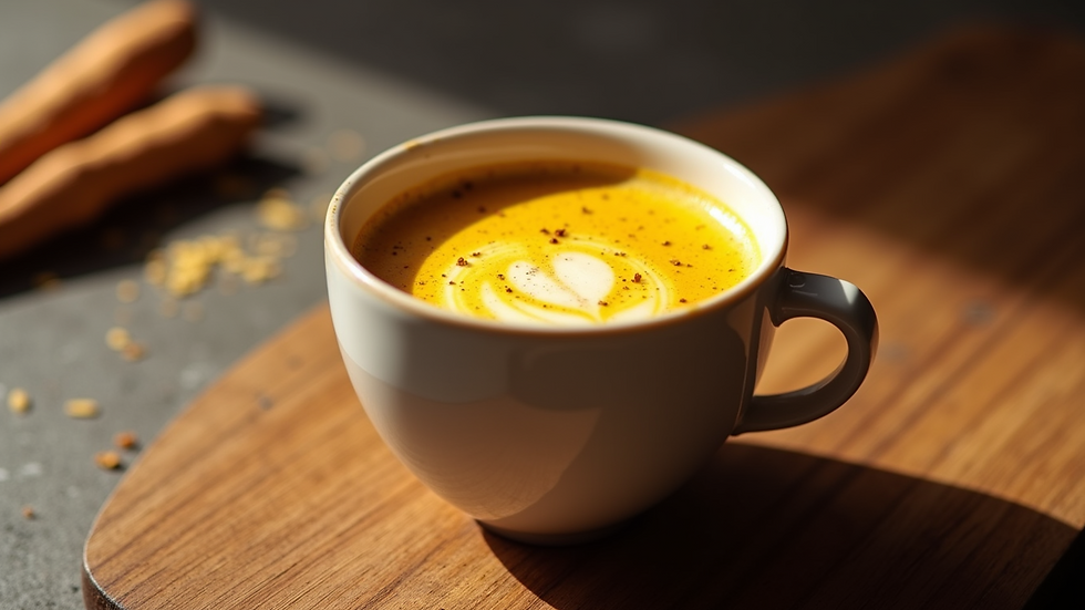 Close-up view of a golden turmeric latte prepared by Sole Nutrition in Santa Barbara
