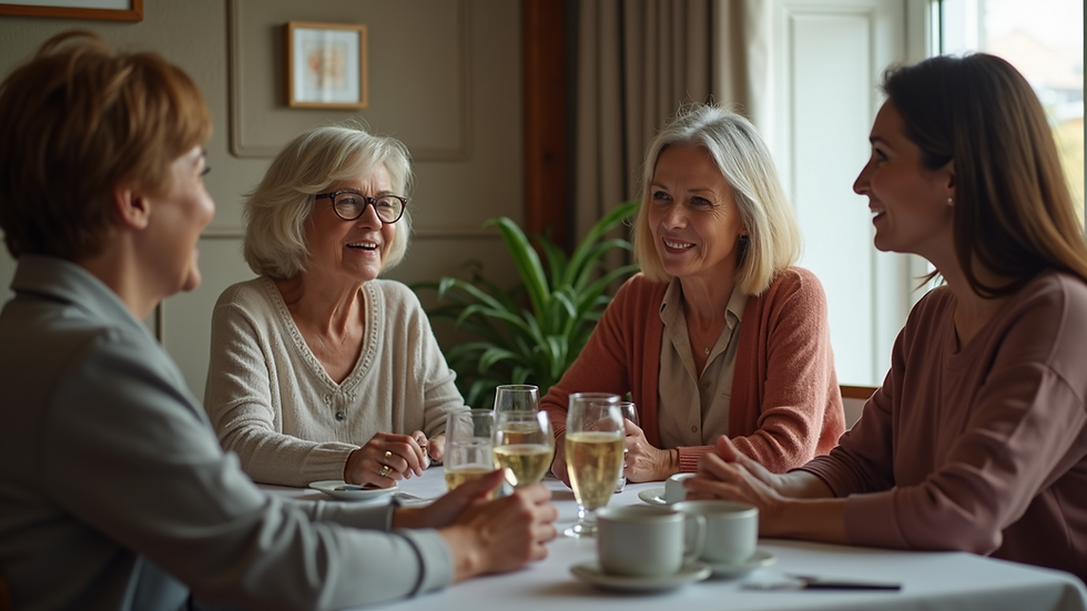 Eye-level view of a cozy gathering of women discussing menopause