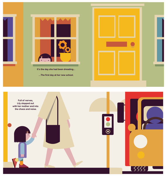 Picture book spread showing Lily watching nervously from a window beside a bold yellow front door with text reading 'It's the day she had been dreading'