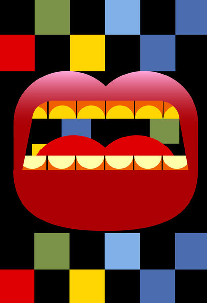 Bold graphic illustration of a wide open red mouth with yellow teeth against a multicoloured checkerboard background on a dark ground