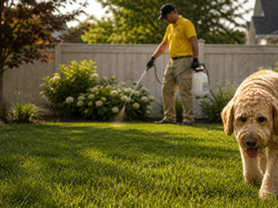 Backyard in Lancaster PA being treated to remove dog urine smell with yard deodorizing solution on grass