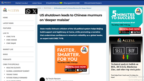 Quoted in CNBC TV18: US shutdown leads to Chinese murmurs on 'deeper malaise'