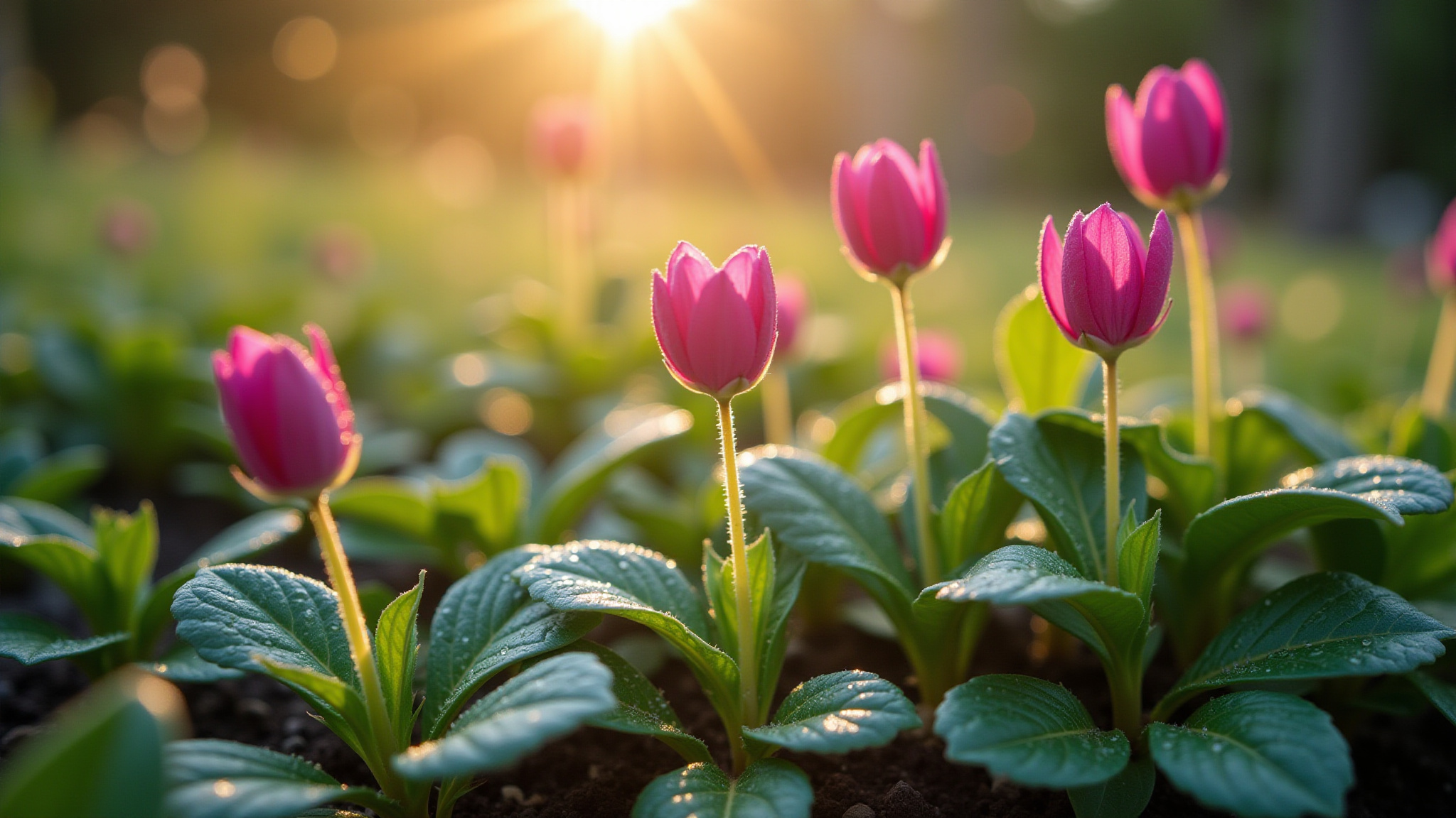Fleurs roses illuminées par un soleil printanier.