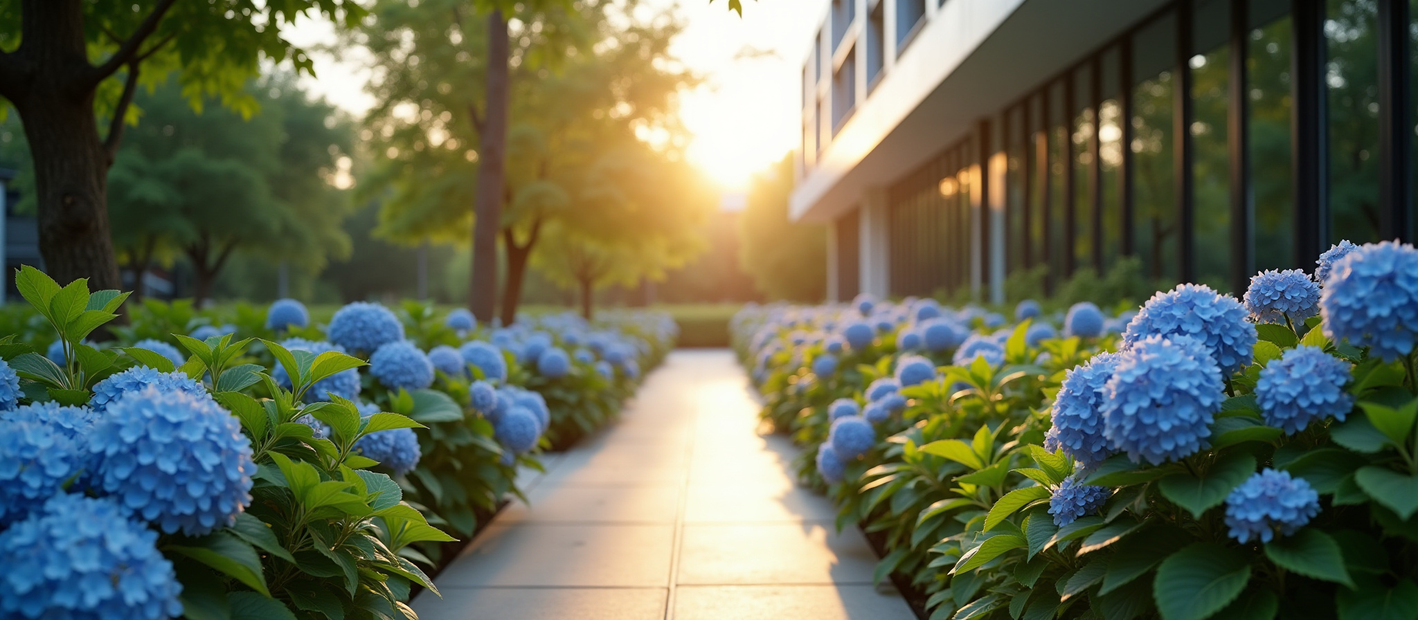 Hortensia bleu devant des fenêtres à l'aube