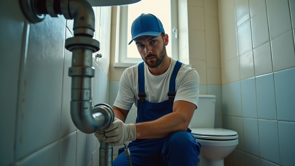 Eye-level view of a plumber inspecting pipes in a residential bathroom