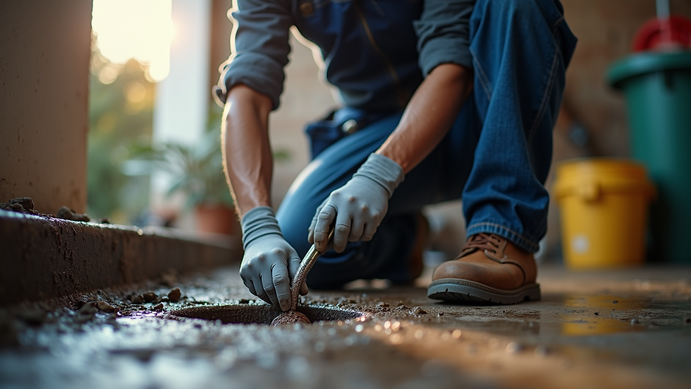 Eye-level view of a plumber using a drain snake to clear a blocked drain