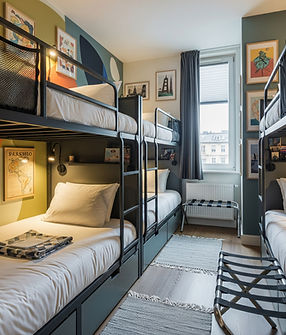 A hostel with metal bunk beds