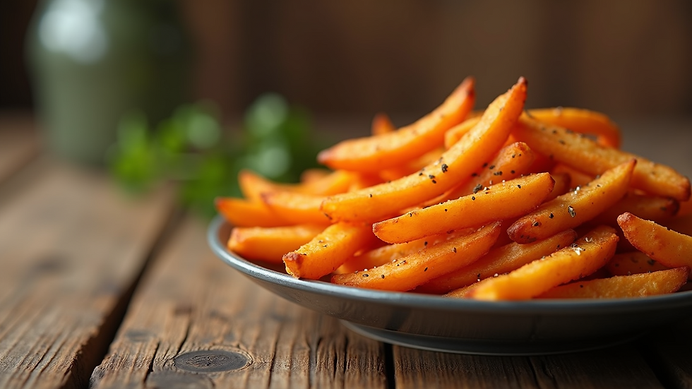 Eye-level view of crispy sweet potato fries on a rustic wooden table