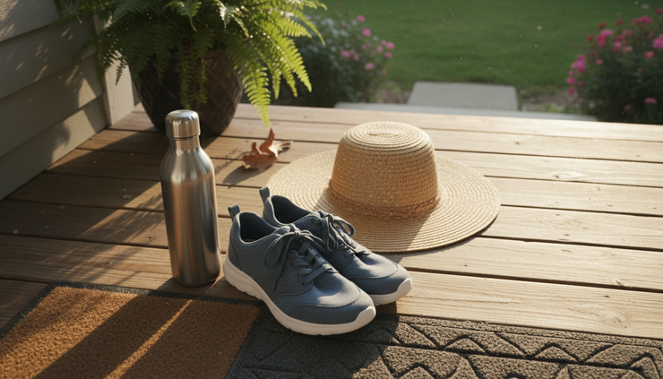 Overhead view of comfortable walking shoes beside a water bottle and sun hat