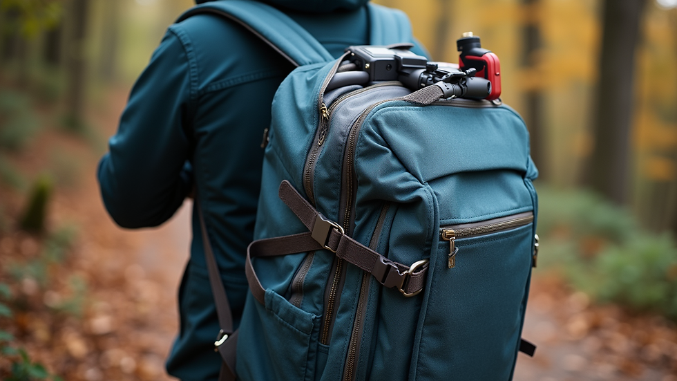 Close-up view of a packed backpack with travel essentials