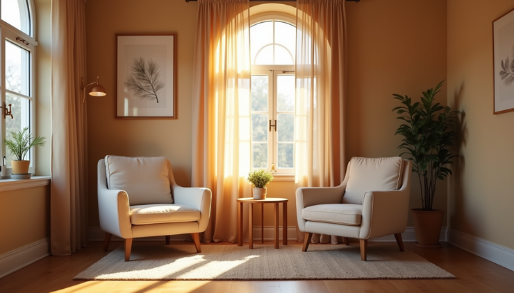 Eye-level view of a cozy therapy room with two chairs facing each other and soft lighting