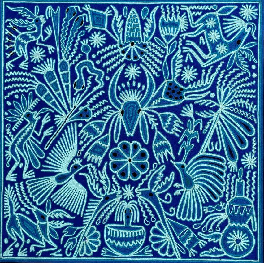 art-indien-mexique-huichol-evaristo-benitez-diaz-notre-grand-mere-laine-et-cire-sur-bois-6