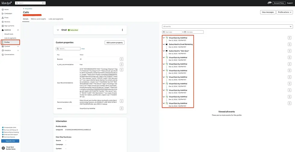 Visual Quiz Builder in Klaviyo interface