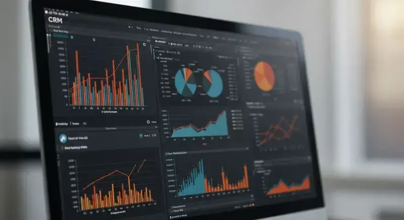 A computer with black background with colourful charts and CRM system