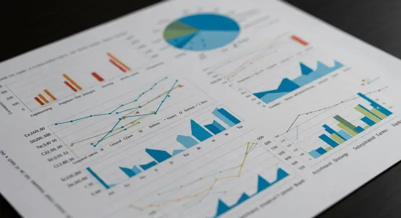 Graphs and charts on a printed page show data trends with colorful lines and bars. A pie chart is visible, set against a dark surface.