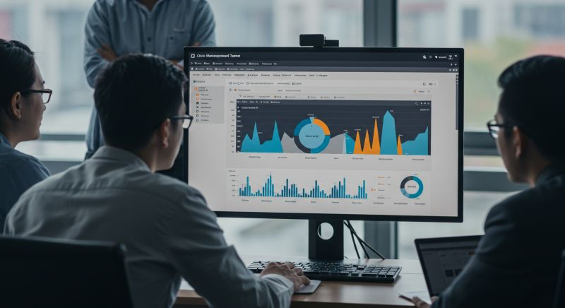 Business team analyzing data insights vs data analytics on a large screen.