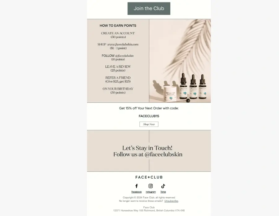 Faceclub replenishment email