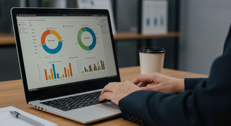Business professional analyzing power bi and data warehouse reports on laptop.